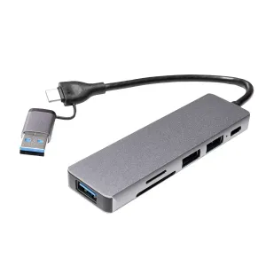 Hub 5 en 1 Dual USB3.0 - USB-C with 3USB SD uSD Silver